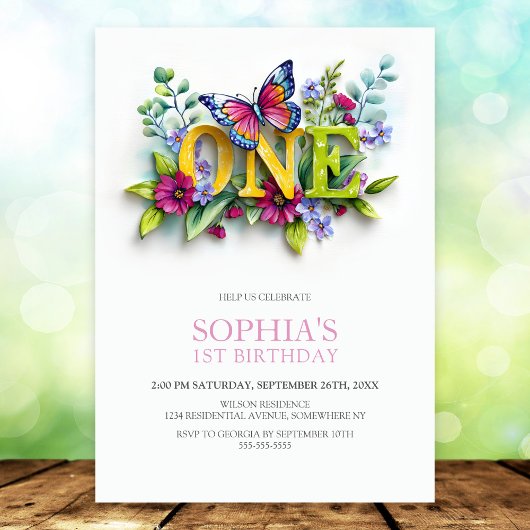Invitation Butterfly Floral 1st Birthday Party