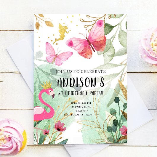 Invitation Butterfly Garden Flamant rose Fairy Flowers Annive