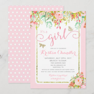 Invitation Butterfly Girl Jardin Floral Polkadot Baby shower