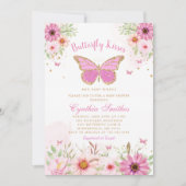 Invitation Butterfly Kisses or rose florale Baby shower fille (Devant)