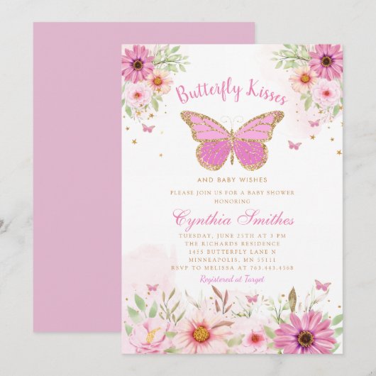 Invitation Butterfly Kisses or rose florale Baby shower fille (Devant / Derrière)