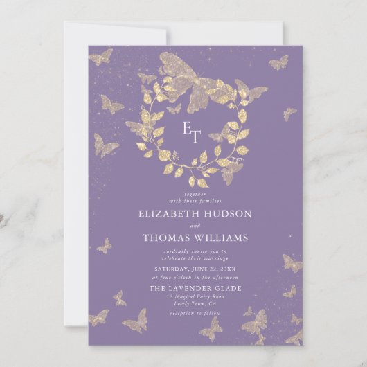 Invitation Butterfly Lavender Gold Monograms Wreath Wedding (Devant)