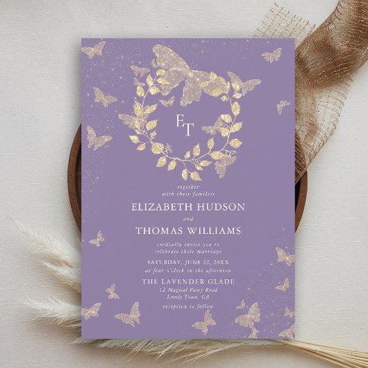Invitation Butterfly Lavender Gold Monograms Wreath Wedding