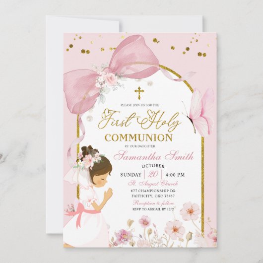 Invitation Butterfly Pink Coquette Girl First Holy Communion (Devant)