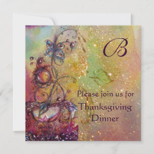 Invitation BUTTERFLY PLANTE MONOGRAM Thanksgiving Dîner Pearl