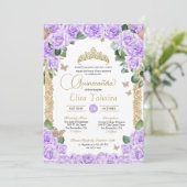 Invitation Butterfly Purple Floral Rose et Gold Quinceanera (Debout devant)