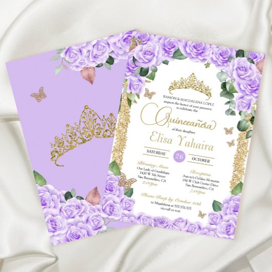 Invitation Butterfly Purple Floral Rose et Gold Quinceanera