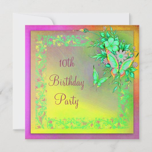 Invitation Butterfly Rainbow Girls 10th Birthday Party (Devant)
