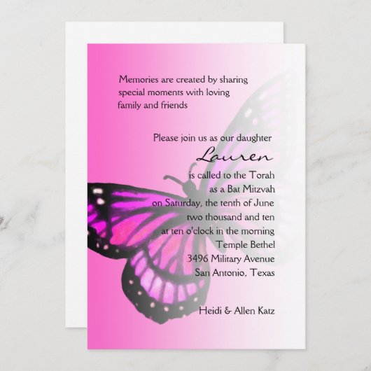 Invitation Butterfly rose chaud bat mitzvah Ombre (Devant / Derrière)