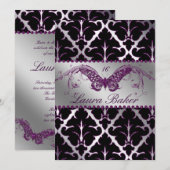 Invitation Butterfly Sweet 16 Damask Violet Paille (Devant / Derrière)