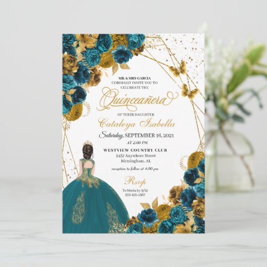 Invitation Butterfly turquoise & Gold Princess Quinceanera (Debout devant)
