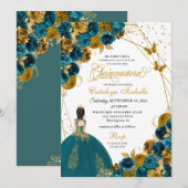 Invitation Butterfly turquoise & Gold Princess Quinceanera (Devant / Derrière)
