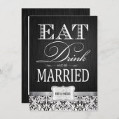 Invitation Buvez et soyez mariés avec un damas noir et blanc (Devant / Derrière)