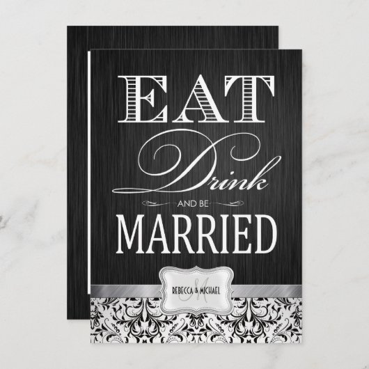 Invitation Buvez et soyez mariés avec un damas noir et blanc (Devant / Derrière)