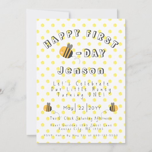 Invitation Buzzing avec Celebration Honey Bee First Birthday (Devant)