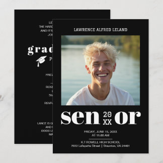 Invitation  BW Modern Editorial Senior Photo Cool Graduate 