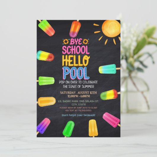 Invitation Bye école bonjour piscine (Debout devant)