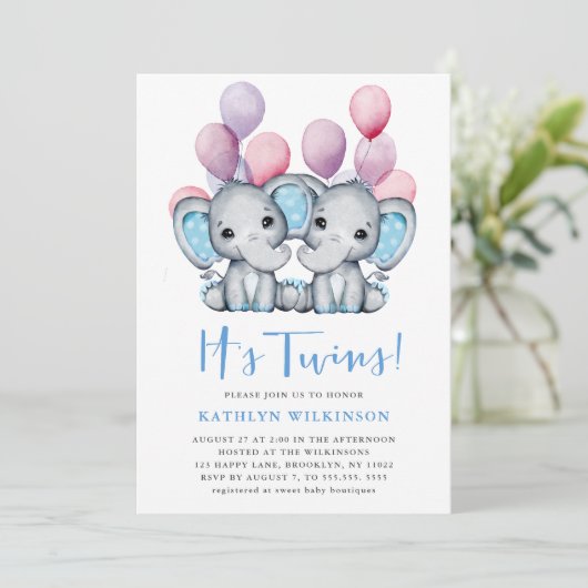 Invitation C’est Twins Elephant Blue Balloon mignon Baby show (Debout devant)