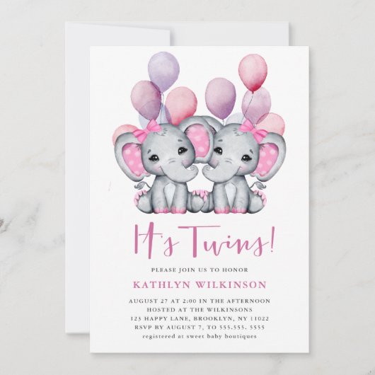 Invitation C’est Twins Elephant Pink Balloon Baby shower mign (Devant)