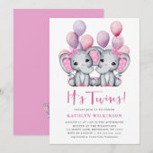 Invitation C’est Twins Elephant Pink Balloon Baby shower mign (Devant / Derrière)