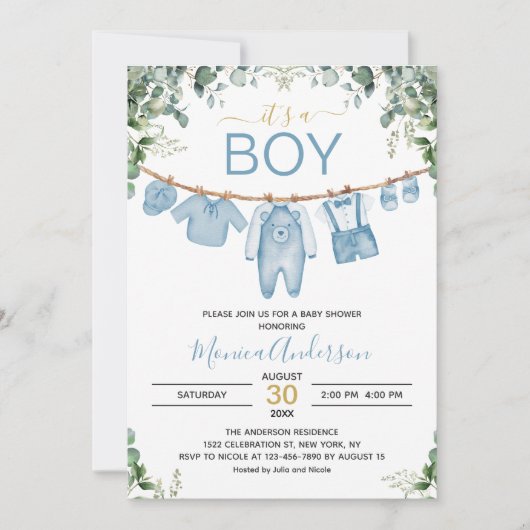 Invitation C’est un Baby shower en étoffe bleu Boho Boy (Devant)