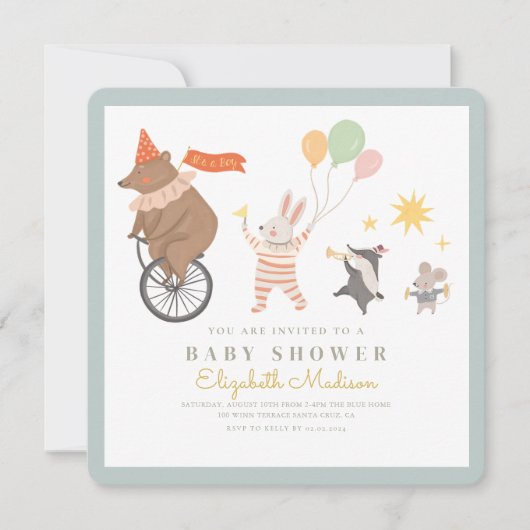 Invitation C’est un garçon Baby shower Animal Band (Devant)
