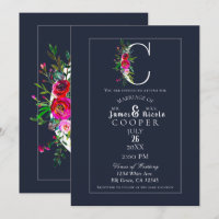 C Monogramme Dernière Initiale Moderne Fleurs Bleu