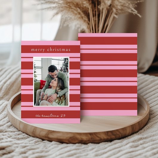 Invitation Cabana Pink and red Stripe Preppy Christmas card