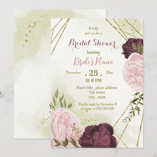 Invitation cabernet rose fleurs vert feuille douche nuptiale (Devant / Derrière)