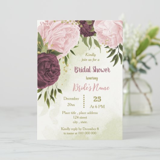 Invitation cabernet rose fleurs vert feuille douche nuptiale (Debout devant)