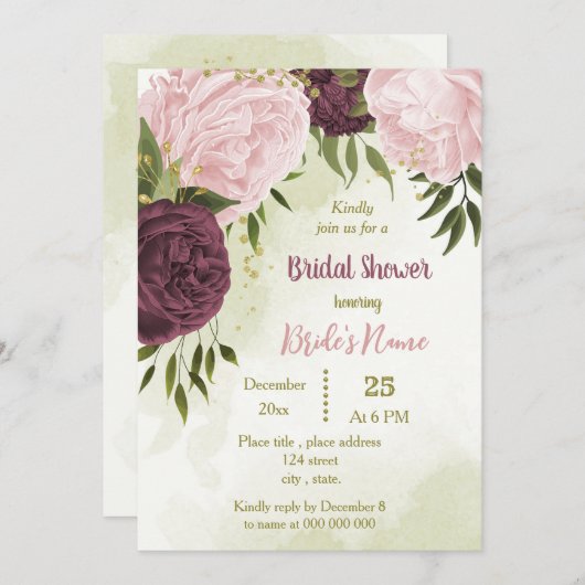Invitation cabernet rose fleurs vert feuille douche nuptiale (Devant / Derrière)