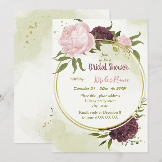 Invitation cabernet rose fleurs vert feuille douche nuptiale (Devant / Derrière)