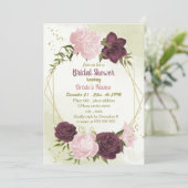 Invitation cabernet rose fleurs vert feuille douche nuptiale (Debout devant)