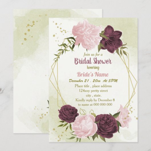 Invitation cabernet rose fleurs vert feuille douche nuptiale (Devant / Derrière)