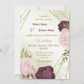 Invitation cabernet rose fleurs vert feuille mariage (Devant)