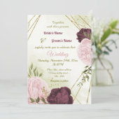 Invitation cabernet rose fleurs vert feuille mariage (Debout devant)