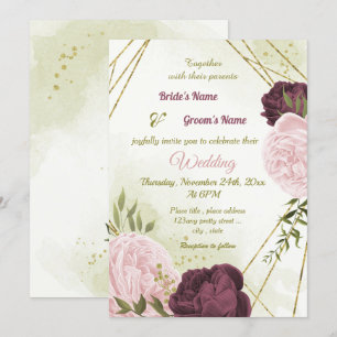 Invitation cabernet rose fleurs vert feuille mariage