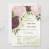 Invitation cabernet rose fleurs vert feuille mariage (Devant)