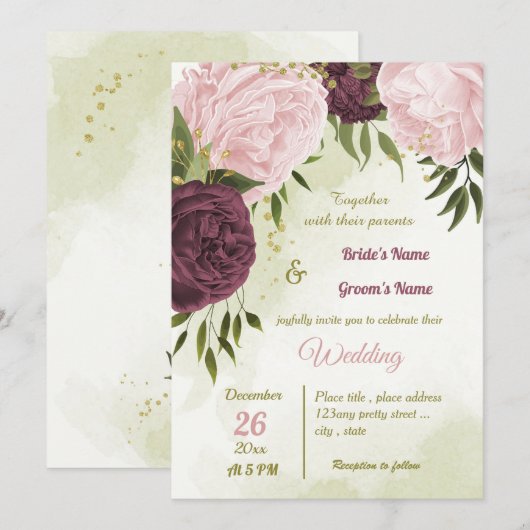Invitation cabernet rose fleurs vert feuille mariage (Devant / Derrière)