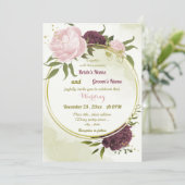 Invitation cabernet rose fleurs vert feuille mariage (Debout devant)