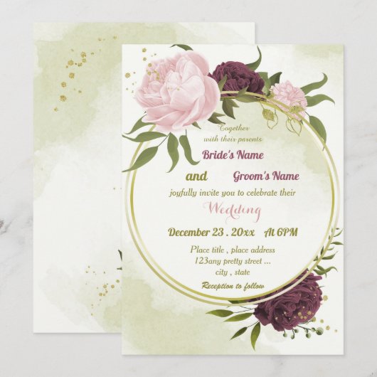 Invitation cabernet rose fleurs vert feuille mariage (Devant / Derrière)