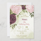 Invitation cabernet rose fleurs vert feuilles anniversaire (Devant)