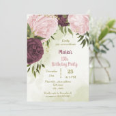 Invitation cabernet rose fleurs vert feuilles anniversaire (Debout devant)