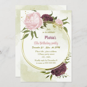 Invitation cabernet rose fleurs vert feuilles anniversaire