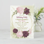Invitation cabernet rose fleurs vert feuilles anniversaire (Debout devant)