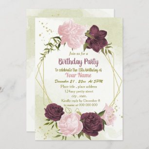 Invitation cabernet rose fleurs vert feuilles anniversaire