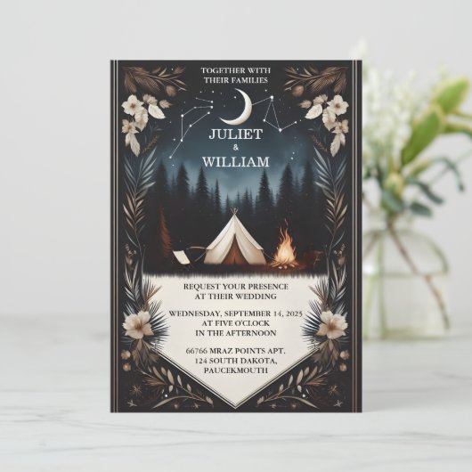 Invitation Cabine Forest Wood Sky Tree Camping Mariage (Debout devant)