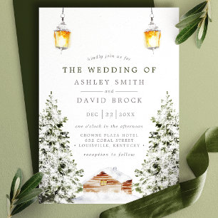 Invitation Cabine Rustique d'Hiver Neige Pin Mariage