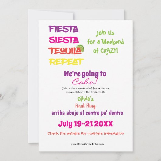 Invitation Cabo Bachelorette : Fiesta, Siesta, Tequila, Répét (Devant)