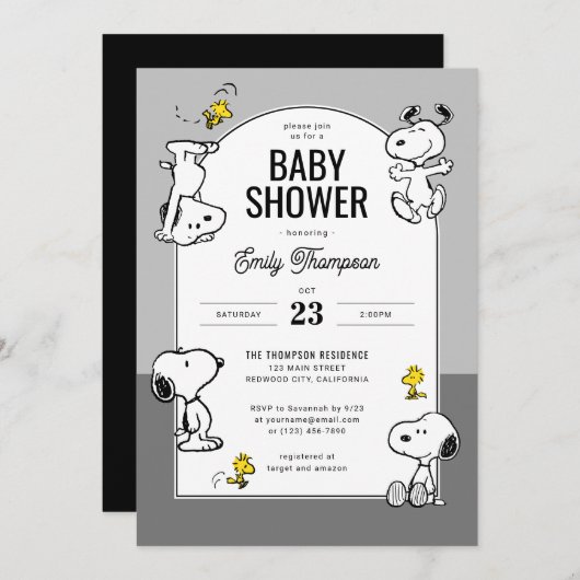 Invitation cacahuètes | Snoopy & Woodstock Baby shower gris (Devant / Derrière)